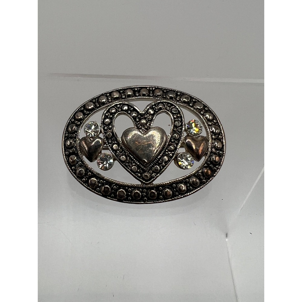 Premier Designs Heart Brooch Silver Tone Rhinestone Romantic Western Vintage Pin